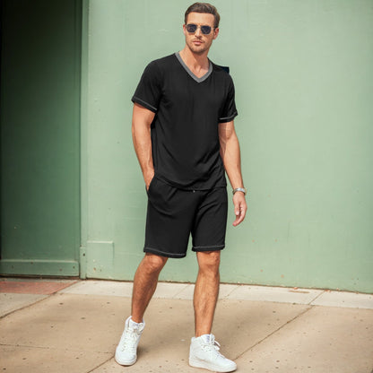 Herren Sommer Kurzarm Zweiteiler Shorts Set Aus Milchseide, Leicht, Verschiedene Farben