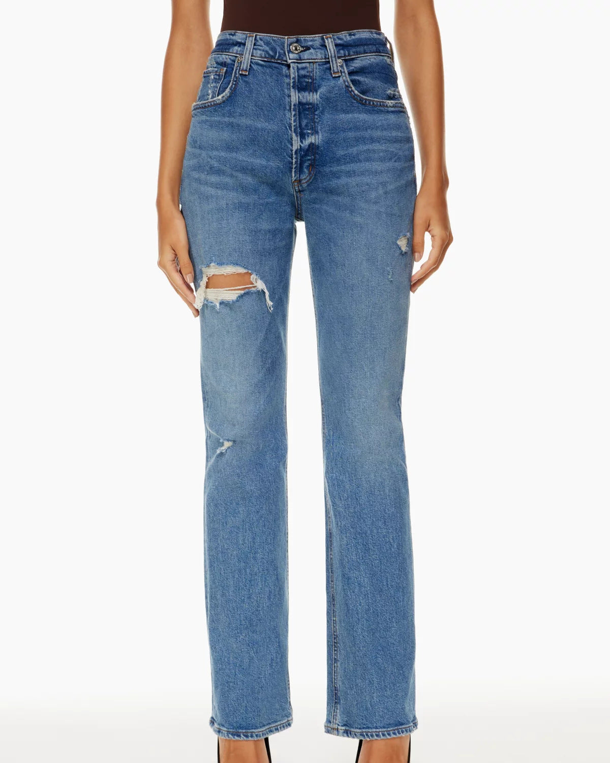 Damen-Jeans mit hohem Bund, geradem Bein und Riss-Details aus Denim-Mix