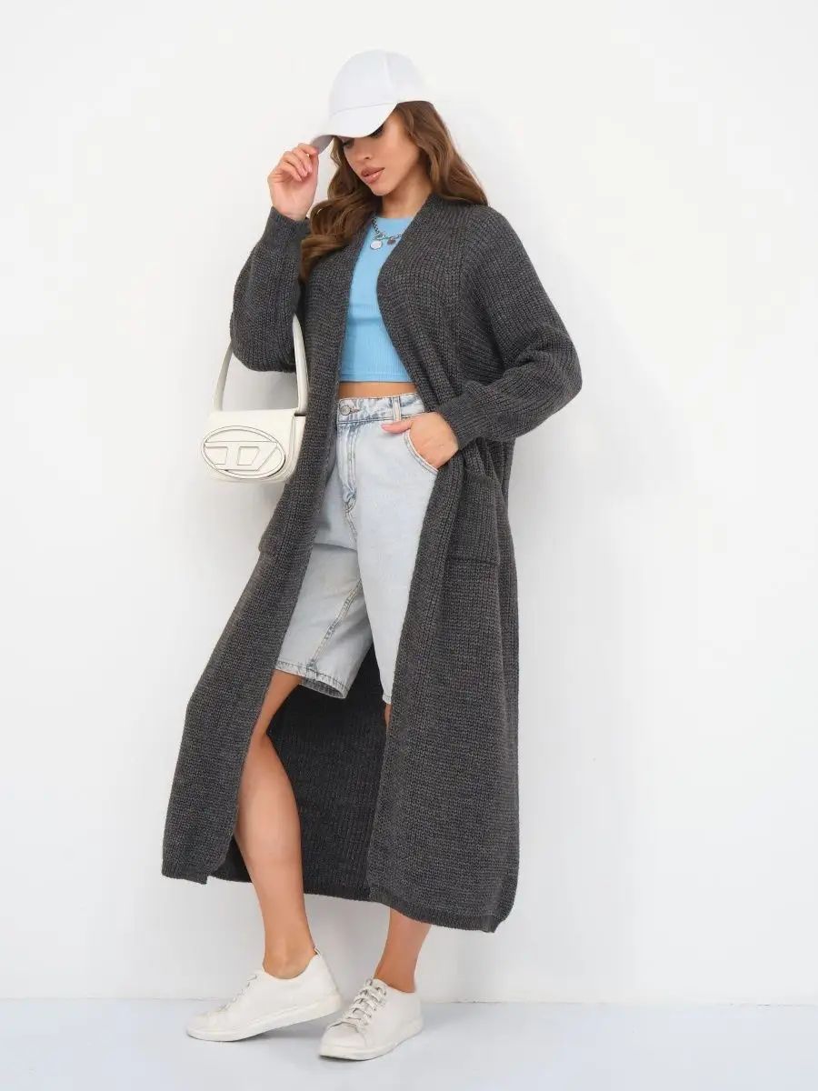Langer Damen-Strickcardigan mit offenen Front und Taschen