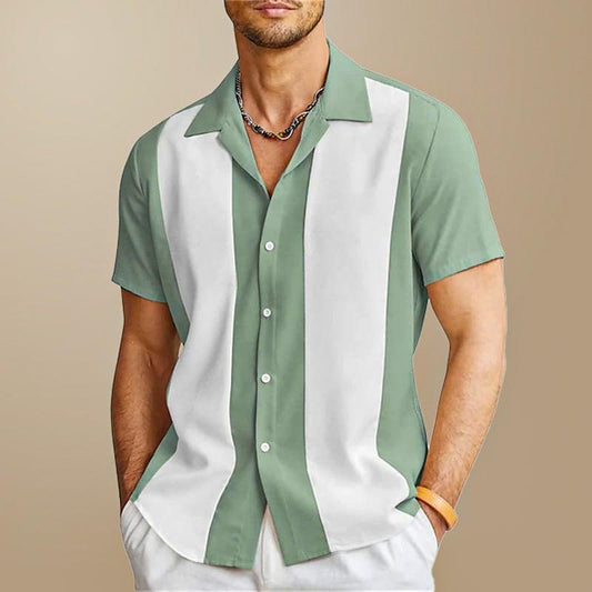 Men's shirt with button placket, vertical color-block stripes, and short sleeves
