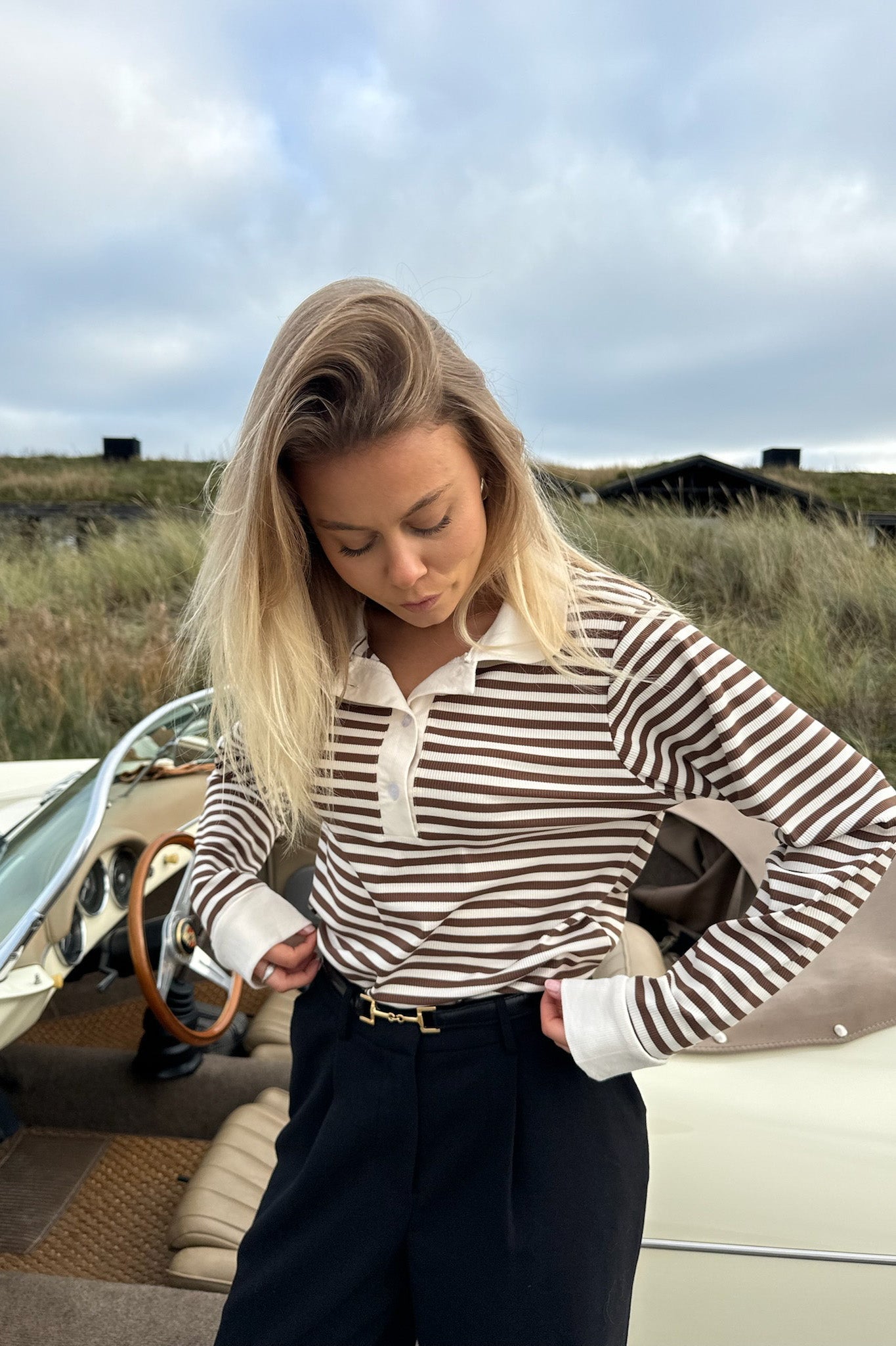 Women's polo shirt, brown striped, short sleeve with button placket – Classic style