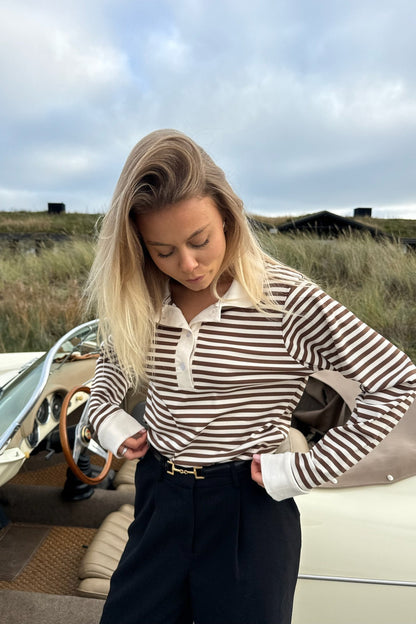 Women's polo shirt, brown striped, short sleeve with button placket – Classic style