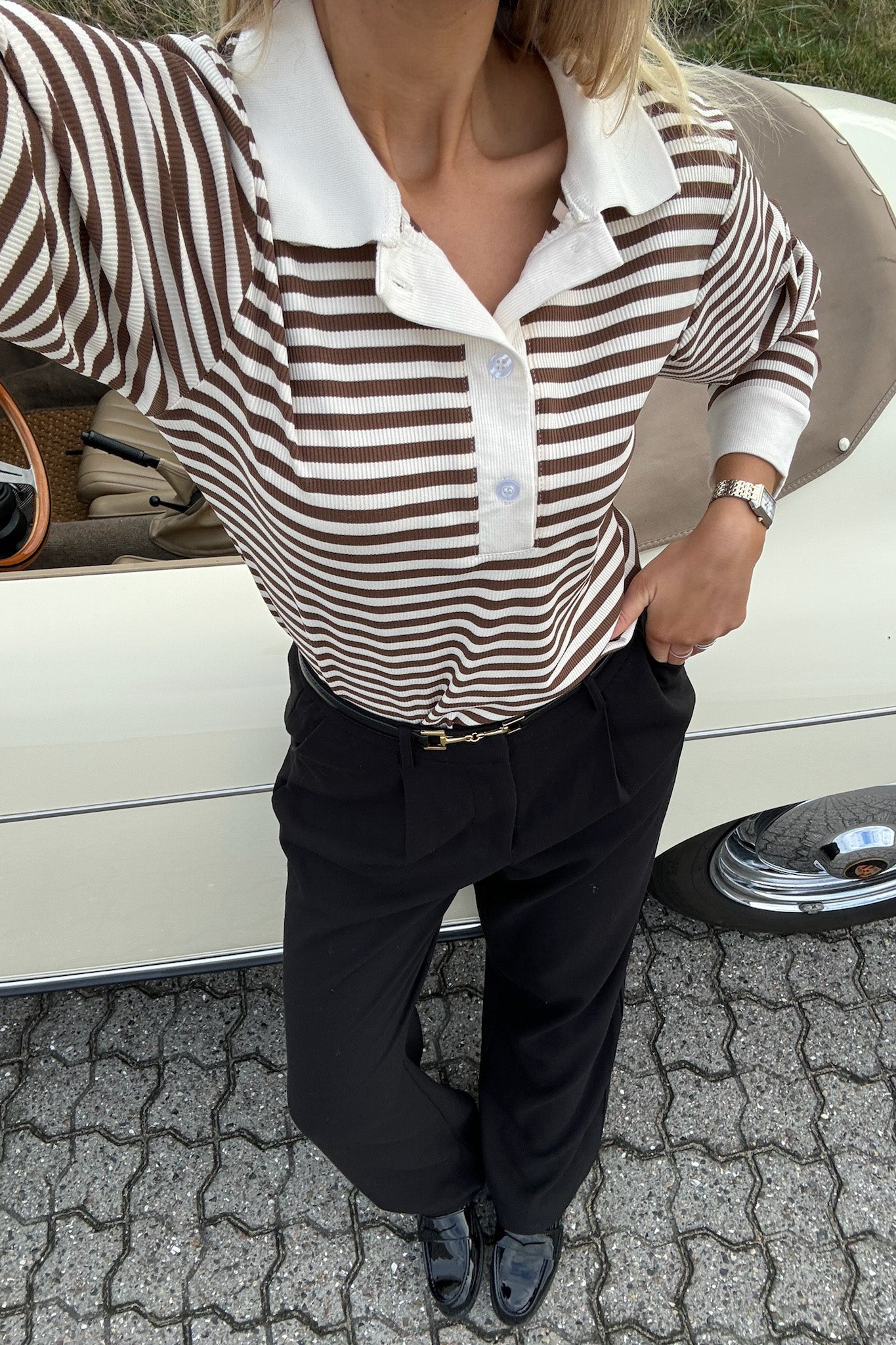 Women's polo shirt, brown striped, short sleeve with button placket – Classic style