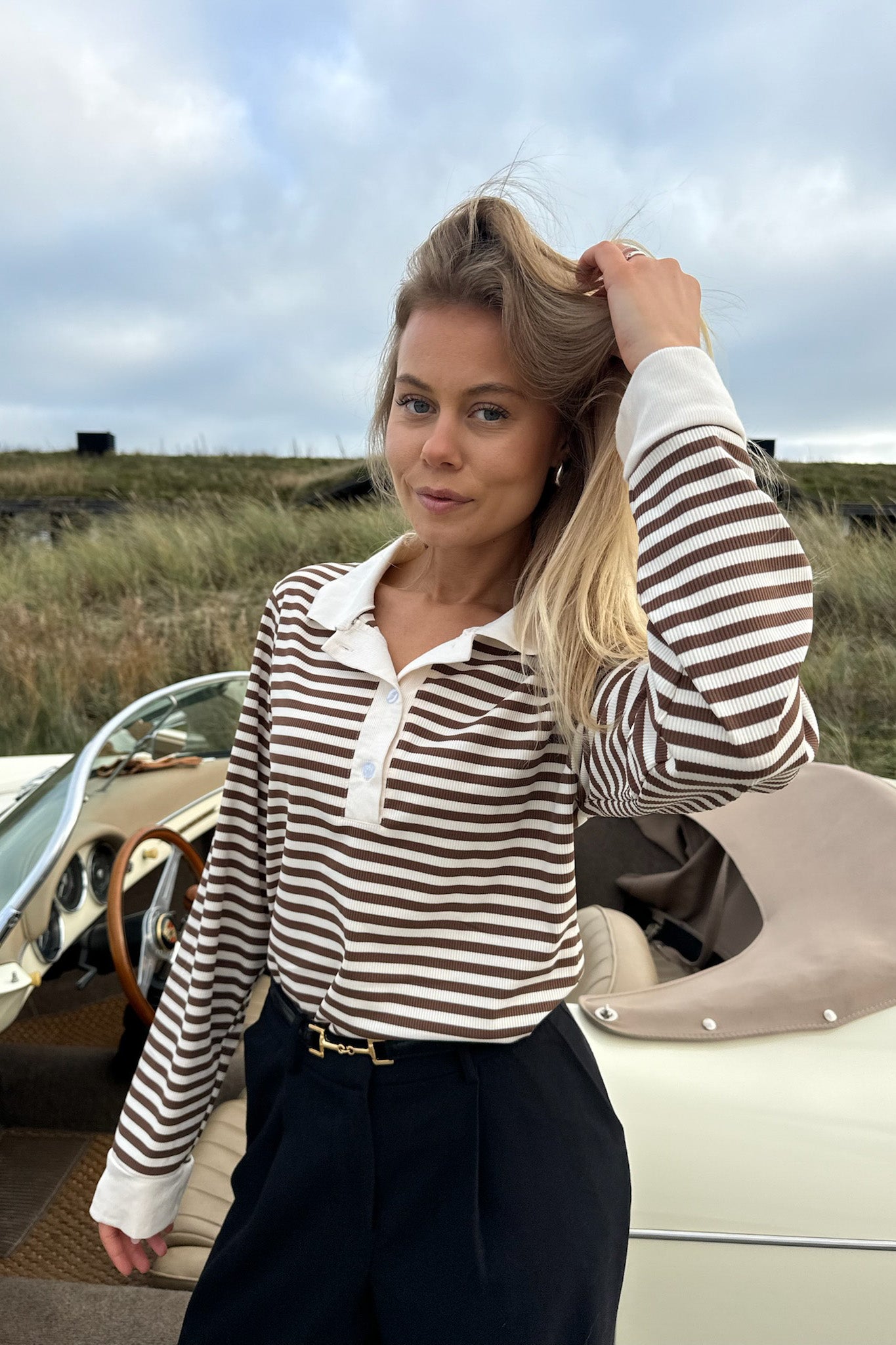 Women's polo shirt, brown striped, short sleeve with button placket – Classic style