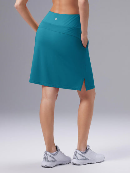Women's Knee-Length Skirt with High Waist, Built-in Lining, and Pockets