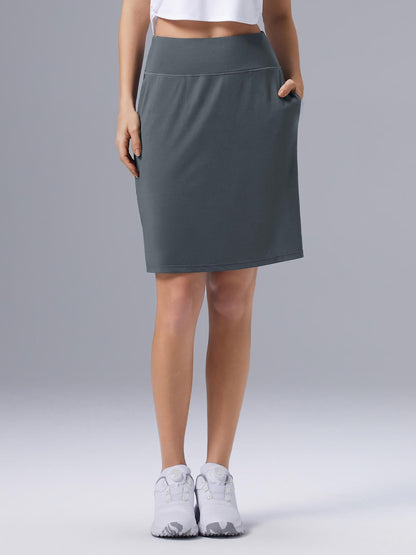 Women's Knee-Length Skirt with High Waist, Built-in Lining, and Pockets