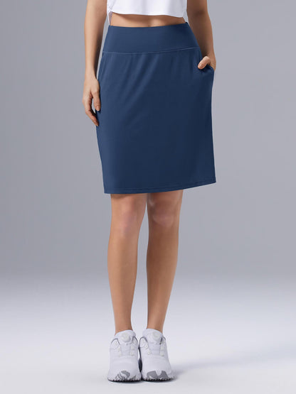 Women's Knee-Length Skirt with High Waist, Built-in Lining, and Pockets