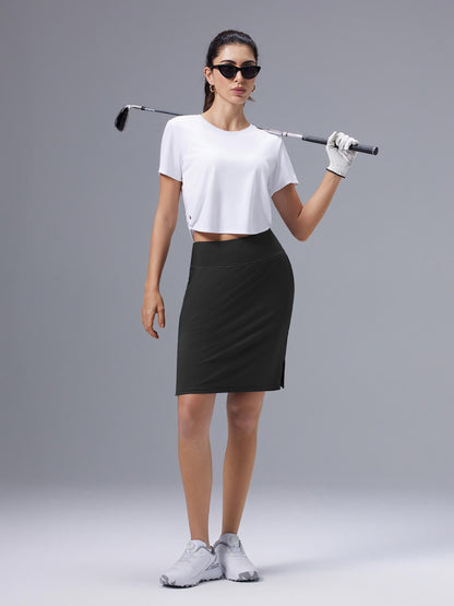 Women's Knee-Length Skirt with High Waist, Built-in Lining, and Pockets