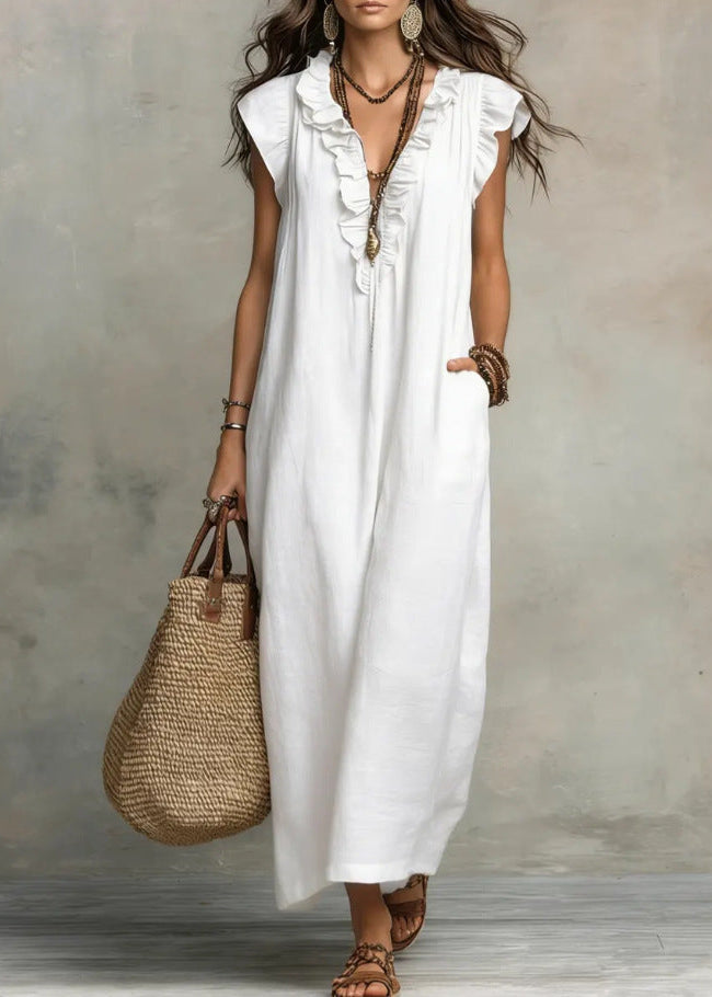 Ärmelloses A-Linien-Sommerkleid Für Damen Mit Rüschen Und Seitentaschen – Baumwollmischung
