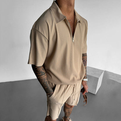 Men's Polo Shirt with Zipper, Drawstring Shorts, Two-Piece Set Made of Cotton Blend, Sporty Casual Outfit for Summer