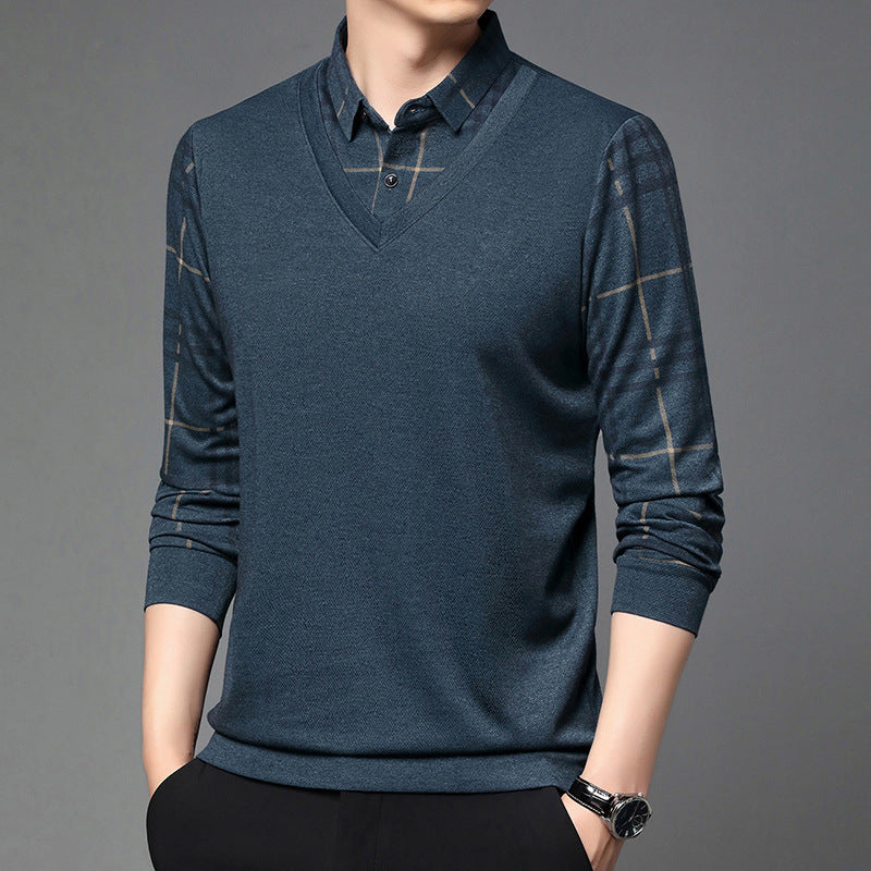 Men's Long Sleeve T-Shirt Fake Two-in-One Effect Notched Collar Striped – Cotton Blend