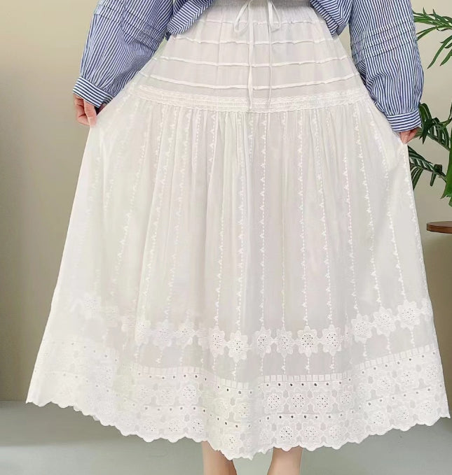 Frau in blau-weiß gestreiftem Hemd trägt weißen Spitzenrock, Vintage-Stil, Sommermode, elegante Damenbekleidung, romantischer Look.