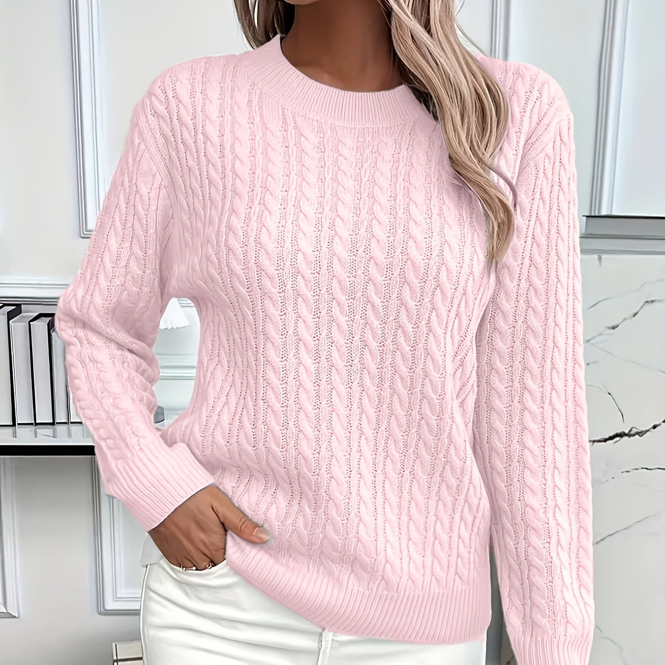 Women's autumn sweater with cable knit pattern and figure-flattering fit