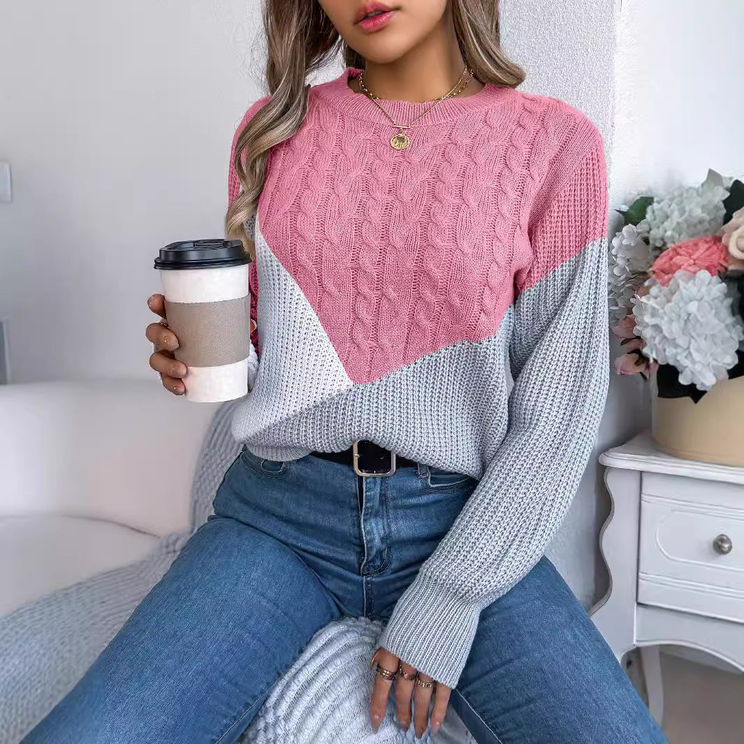 Women's Sweater with Twisted Knit Pattern, Contrasting Colors, and Long Sleeves
