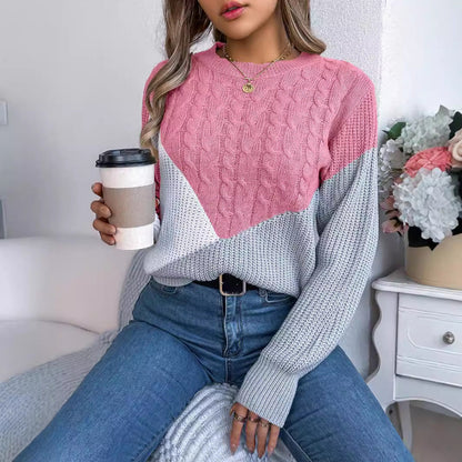 Women's Sweater with Twisted Knit Pattern, Contrasting Colors, and Long Sleeves