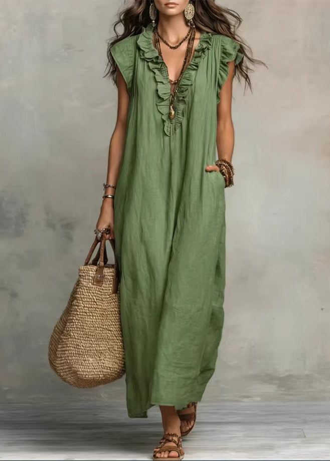 Ärmelloses A-Linien-Sommerkleid Für Damen Mit Rüschen Und Seitentaschen – Baumwollmischung