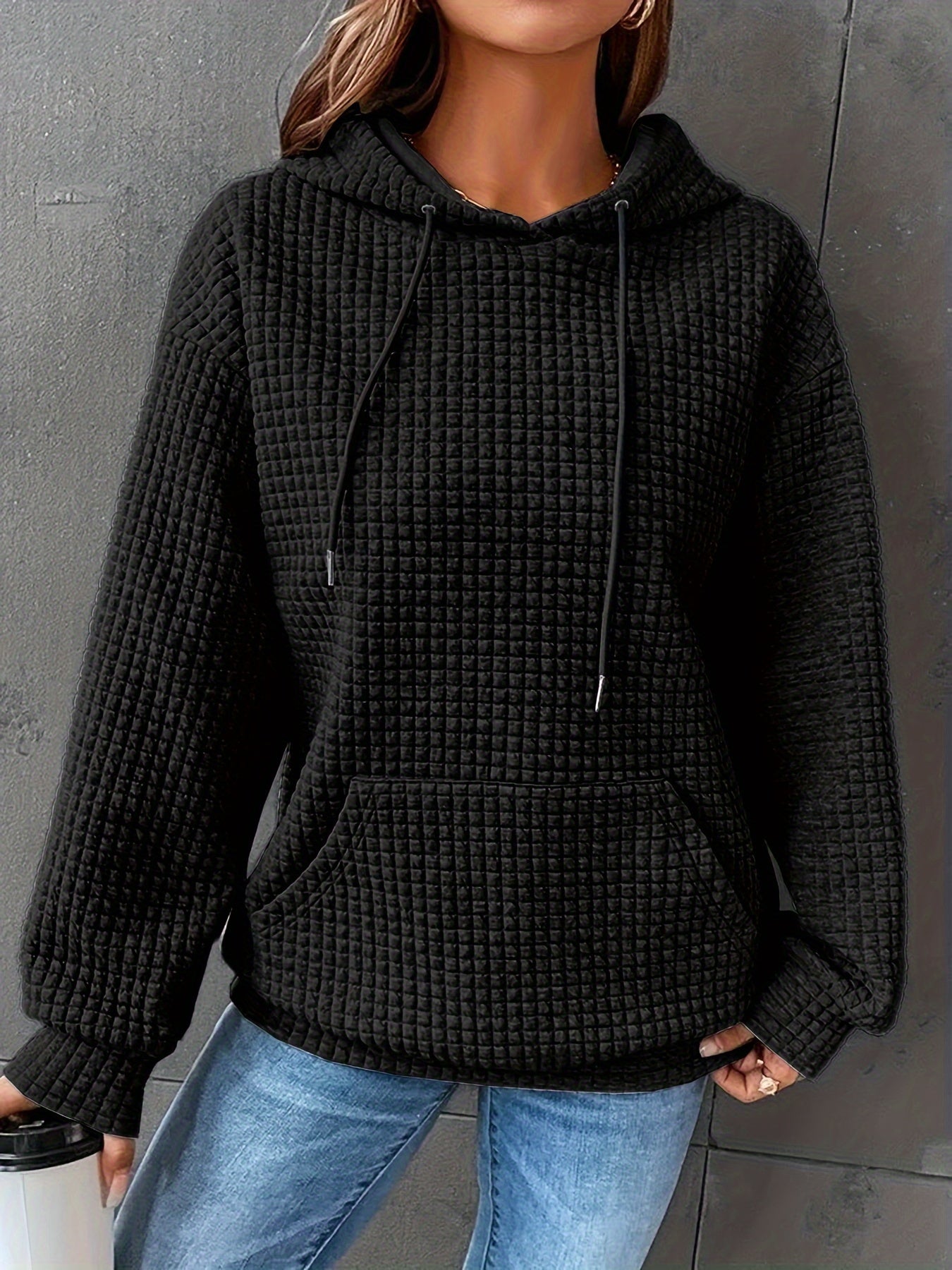 Damen Hoodie Waffelstrick Textur Kordelzug Kängurutasche