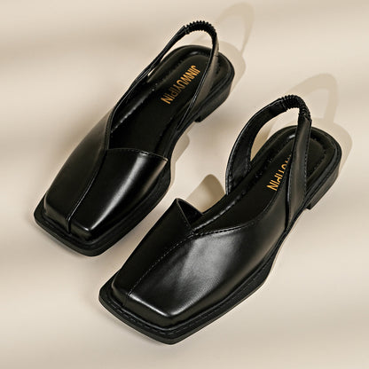 Damen-Sandalen Mit Geschlossener, Eckiger Zehenpartie, Elastischem Riemen Und Flacher Sohle