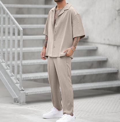 Men's Summer Two-Piece Set Shirt and Pants, Woven, Lightweight, Solid Color, Matching Outfit, Various Sizes