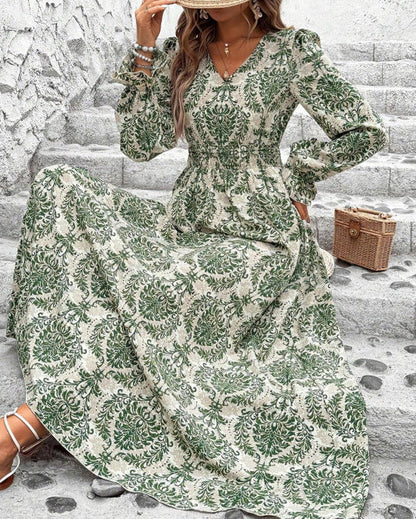 Damen Herbstkleid Mit Print, V-Ausschnitt, Langen Ärmeln Und Weitem Saum, Pullover Im Streetstyle