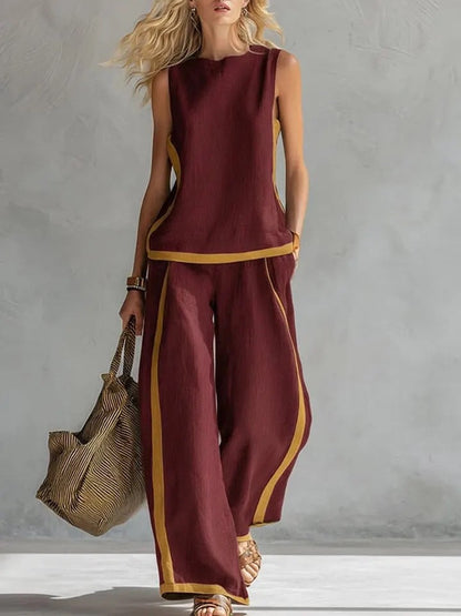 Ärmelloses Damen-Top Mit Rundhalsausschnitt Und Hochgeschnittener, Weit Geschnittener Hose – Farbblock-Design