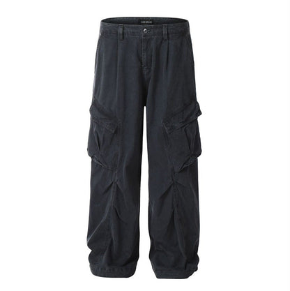 Men's Work Pants with Wide Legs, Multiple Pockets, Straight Fit, Mid-Rise Waist, and Belt