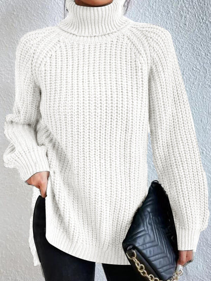 Women's Turtleneck Sweater with Raglan Sleeves and Slit Hem – Cotton Blend