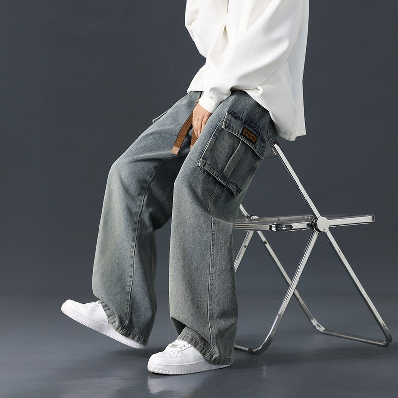 Herren-Denim-Jeans Für Den Herbst, Weites Bein, Gerader Schnitt, Locker Fallend, Farbverlauf, Gewaschen, Mittelhoher Bund Mit Mikro-Gummizug