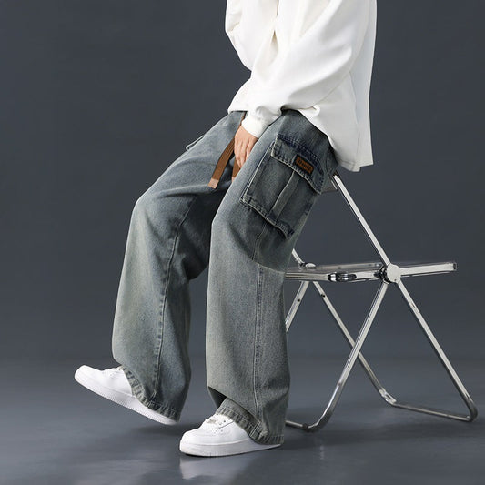 Herren-Denim-Jeans Für Den Herbst, Weites Bein, Gerader Schnitt, Locker Fallend, Farbverlauf, Gewaschen, Mittelhoher Bund Mit Mikro-Gummizug