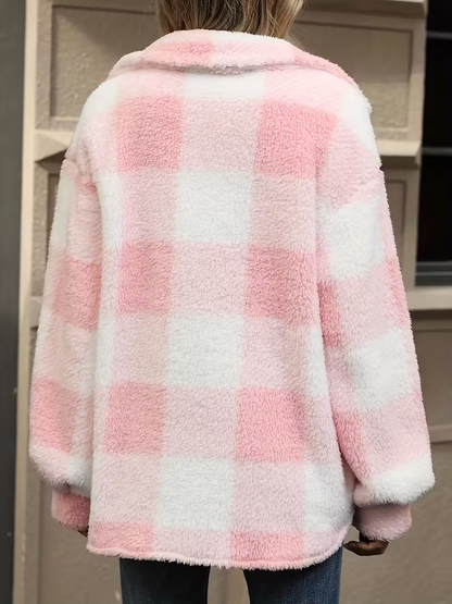 Damen Fleece Cardigan Karomuster Knopfleiste Lockerer Schnitt Langarm – Herbst und Alltag