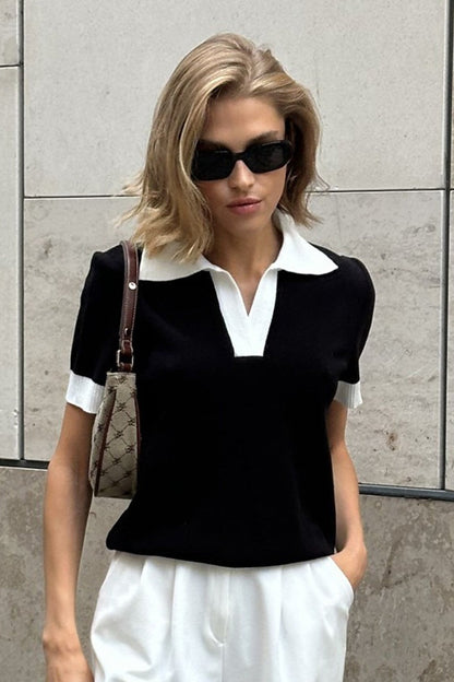 Kurzer Ärmel des Damen-Polo-Strickpullovers in Schwarz und Weiss