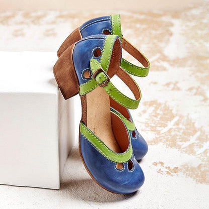 Blau-grüne Damen Mary Jane Schuhe mit Blockabsatz, Leder, modisches Design, perforierte Details, ideal für Frühling und Sommer.