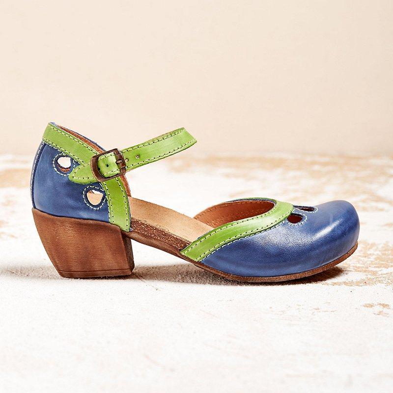 Blauer und grüner Damen-Mary-Jane-Schuh mit Holzabsatz, modisches Design, Leder, seitliche Schnalle, ideal für Frühling und Sommer.