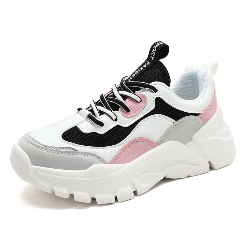 Weiße und rosa Chunky Sneaker mit schwarzem Mesh, dicker Sohle und Schnürsenkeln. Modische Damen Turnschuhe, ideal für Streetwear und Sport.