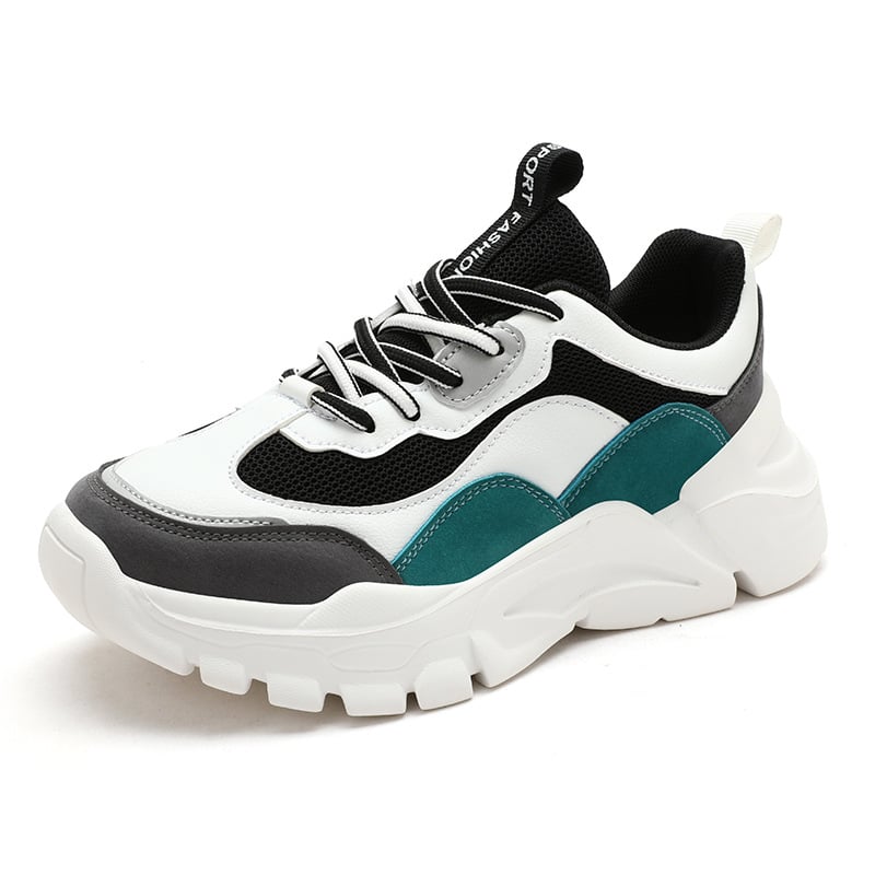 Modischer Chunky Sneaker in Weiß, Schwarz und Türkis mit dicker Sohle und Schnürsenkeln. Trendiger Sportschuh für Herren und Damen.