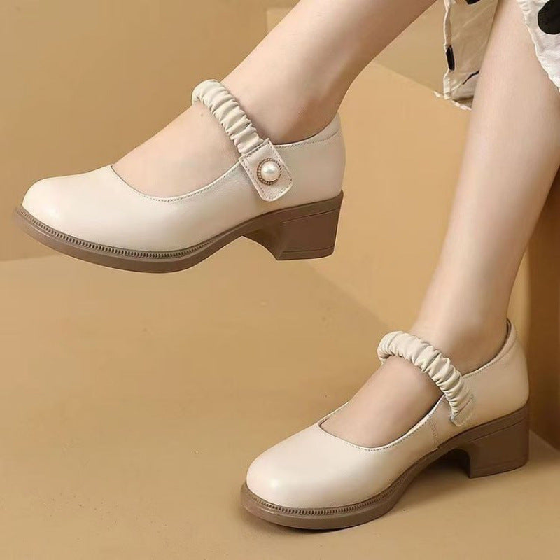 Beige Damen Mary Jane Schuhe mit Blockabsatz und elastischem Riemen, modisch und bequem, ideal für Freizeit- und Bürooutfits.