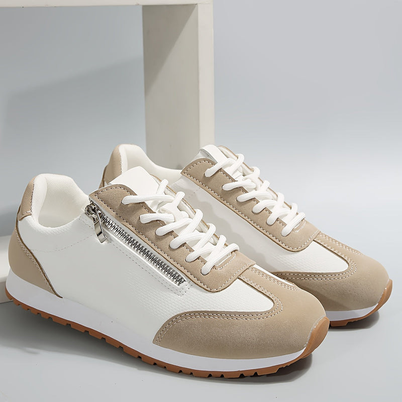 Weiße und beige Sneaker mit Reißverschluss, sportliches Design, rutschfeste Sohle, modische Freizeitschuhe für Damen und Herren.