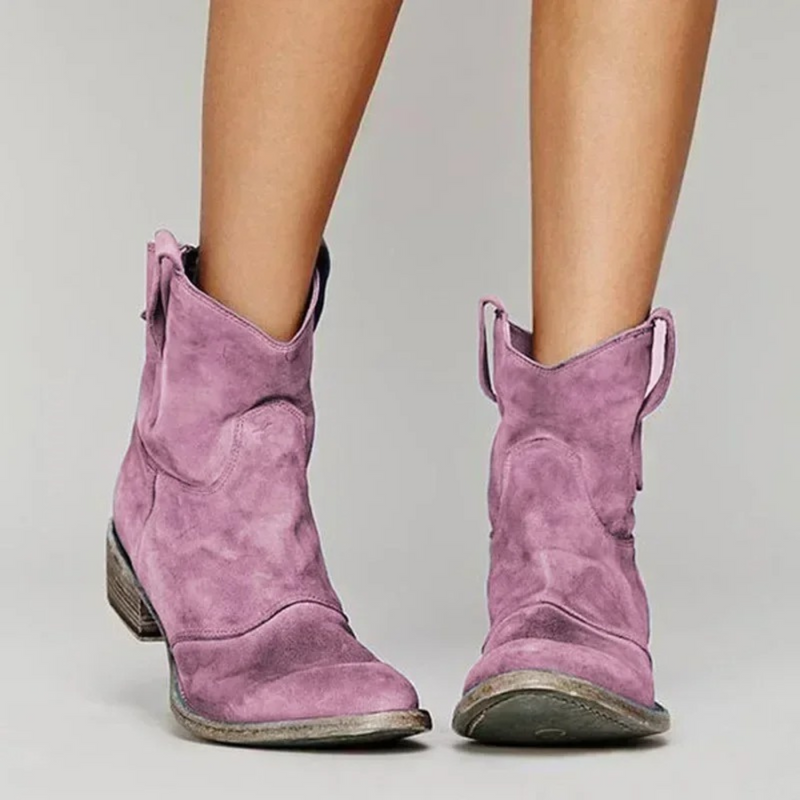 Lila Wildleder-Cowboystiefel für Damen mit abgerundeter Spitze und niedrigem Absatz, modisch und bequem, ideal für Herbstmode.