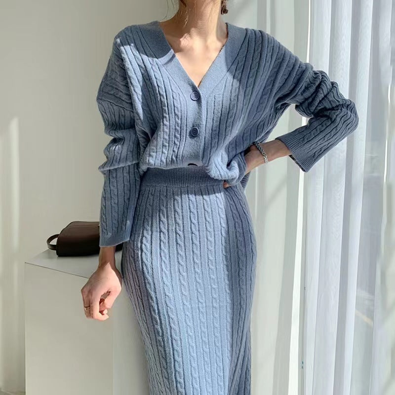 Damen Strickset Mit V Ausschnitt Und Hochtailliertem Rock