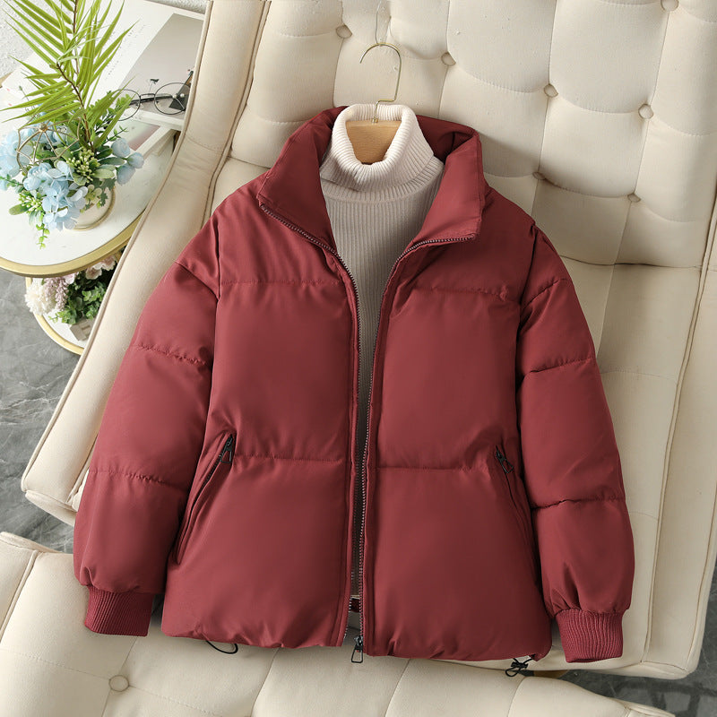 Rote Daunenjacke auf cremefarbenem Sofa, mit Reißverschluss und Stehkragen, neben grüner Pflanze. Wintermode, warme Kleidung, stilvoll.