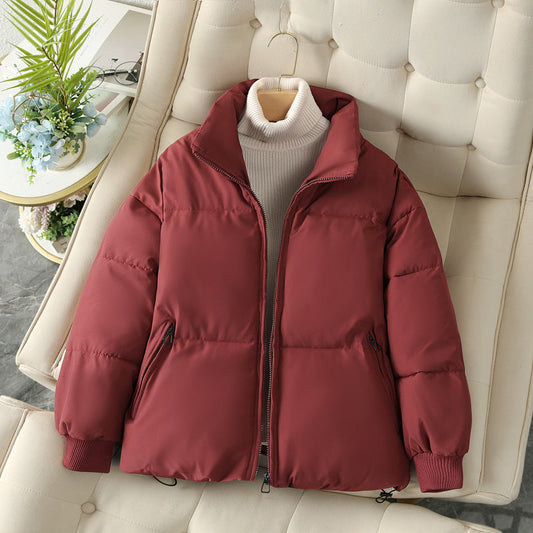 Rote Daunenjacke auf cremefarbenem Sofa, mit Reißverschluss und Stehkragen, neben grüner Pflanze. Wintermode, warme Kleidung, stilvoll.