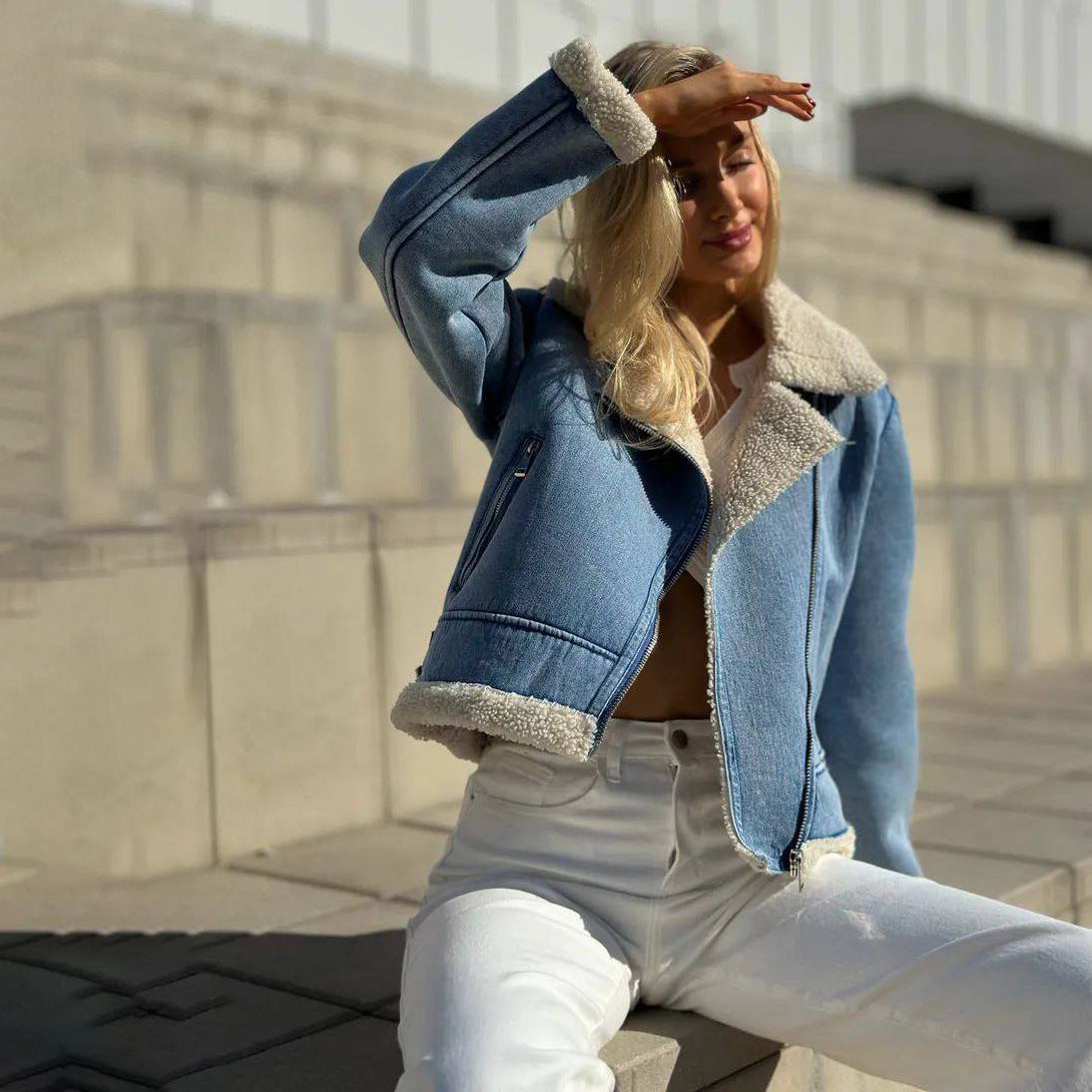 Frau in blauer Jeansjacke mit Fellkragen, sitzt auf Treppe, hält Hand über Augen, sonniger Tag, modische Freizeitkleidung, urbaner Hintergrund.