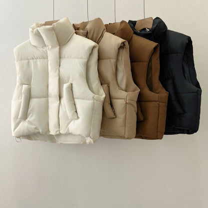 Vier gesteppte Daunenwesten in Weiß, Beige, Braun und Schwarz hängen an Haken. Modische Winterbekleidung, warm, ärmellos, vielseitig.