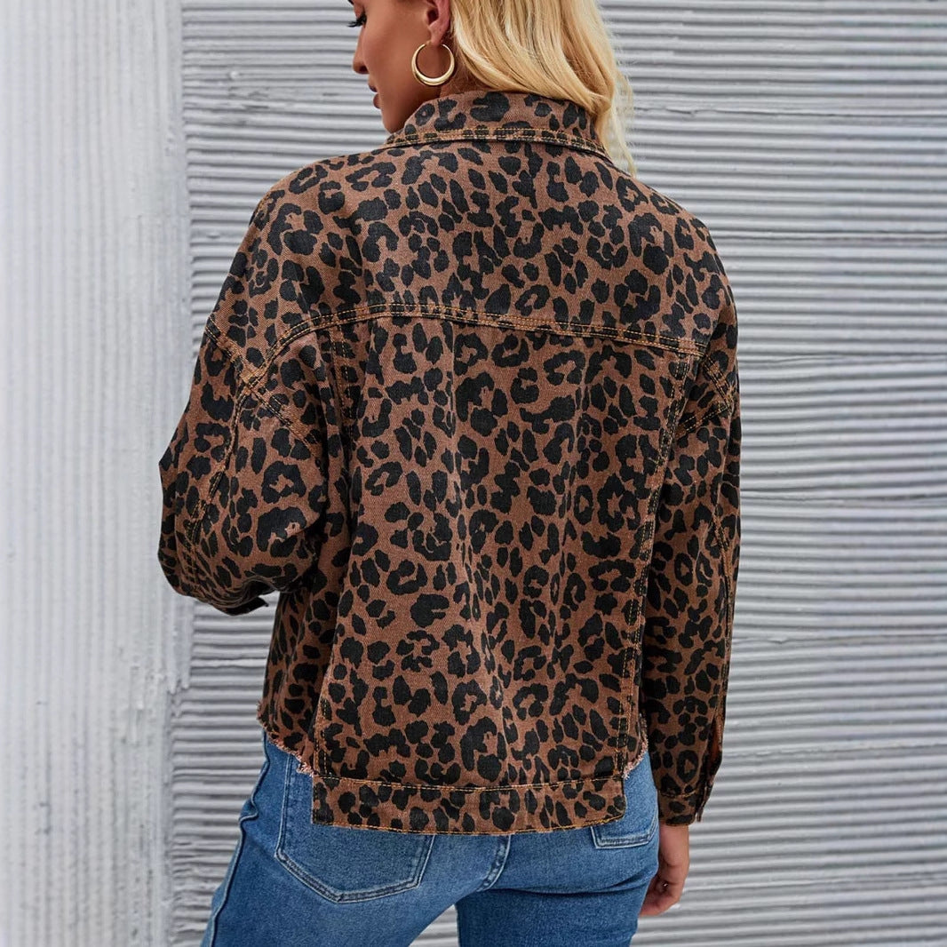 Frau in modischer Leopardenmuster-Jacke, Rückansicht, vor grauer Wand. Trendige Damenmode, Herbstoutfit, Jeans, Streetstyle.