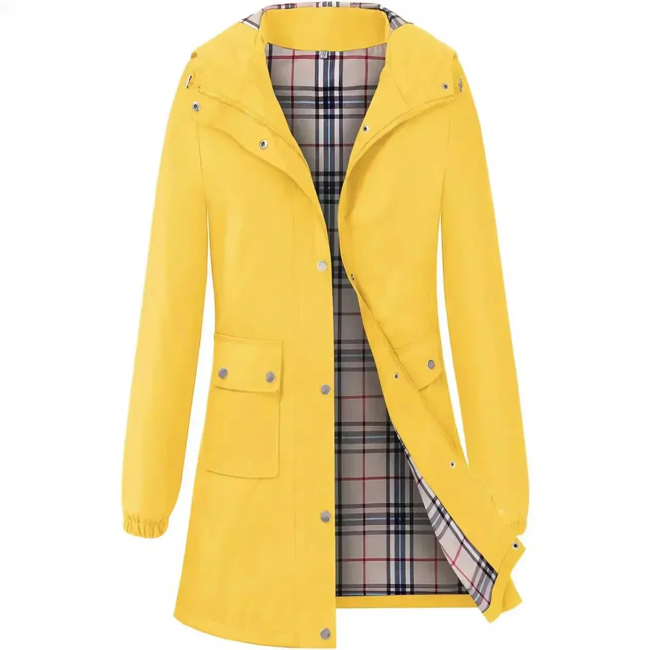 Gelbe Regenjacke mit Kapuze und kariertem Innenfutter, modisch und wasserdicht, ideal für Outdoor-Aktivitäten und regnerische Tage.