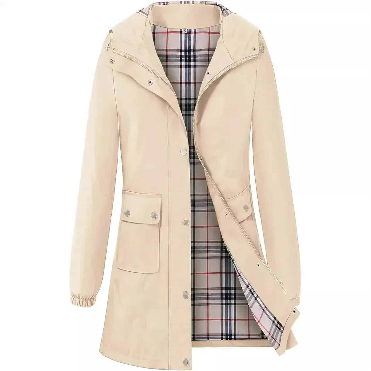 Beige Damenmantel mit Kapuze und kariertem Innenfutter. Stilvoller, wasserdichter Regenmantel mit Taschen, ideal für Herbstmode und Outdoor-Aktivitäten.