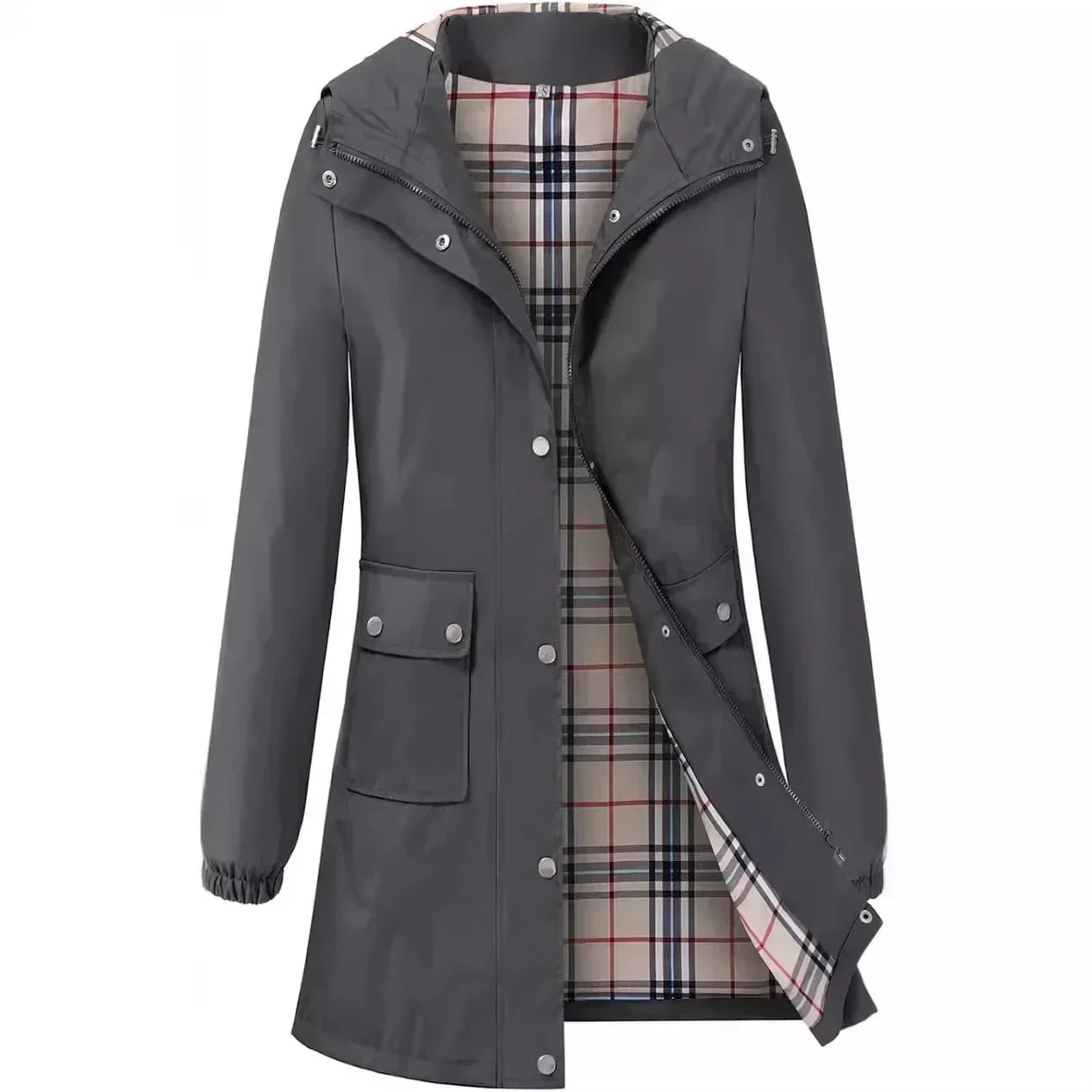 Damen Regenjacke mit Kapuze, grau, kariertes Innenfutter, wasserdicht, winddicht, modisch, funktional, ideal für Outdoor-Aktivitäten.