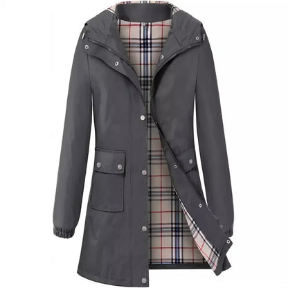 Damen Regenjacke mit Kapuze, grau, kariertes Innenfutter, wasserdicht, winddicht, modisch, funktional, ideal für Outdoor-Aktivitäten.