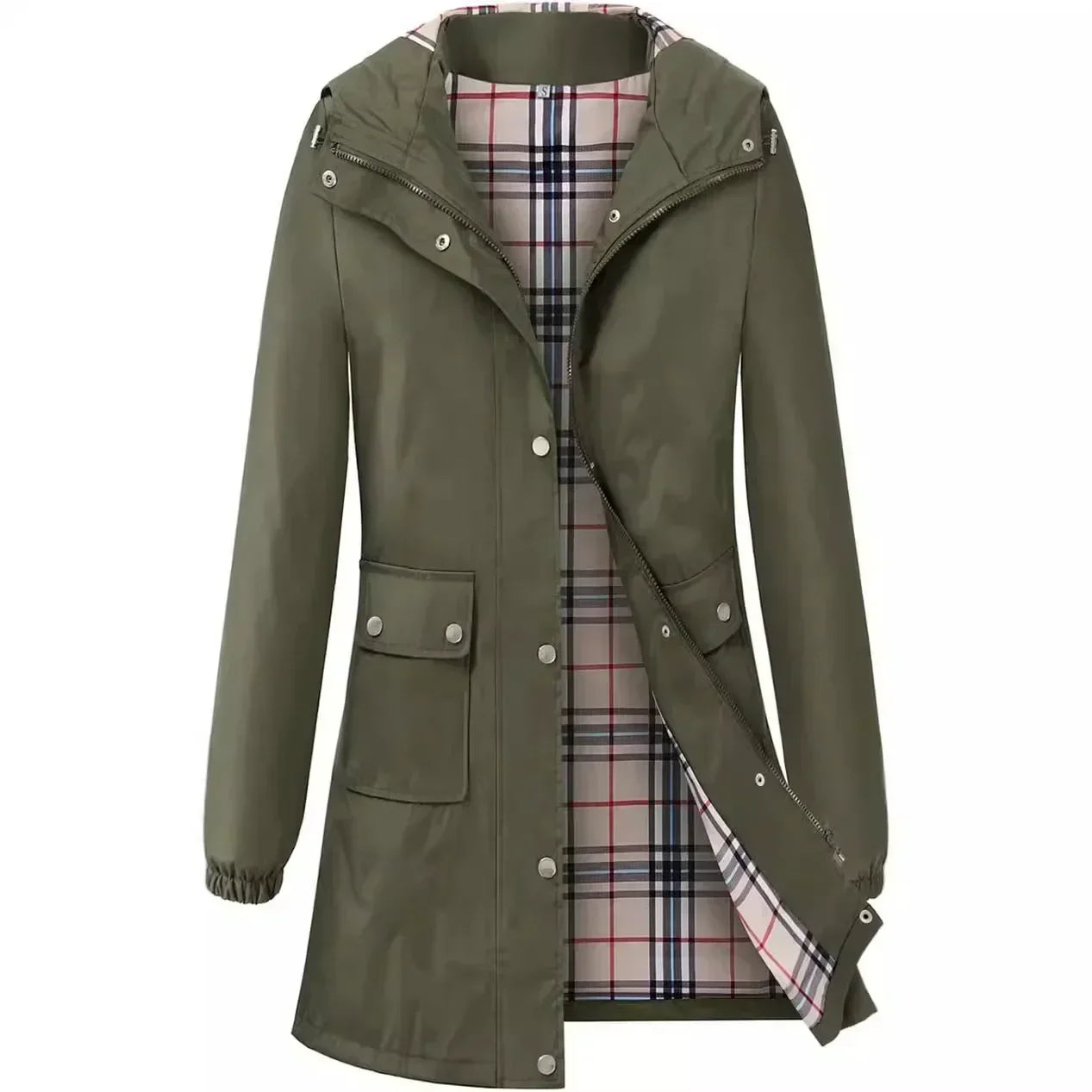 Damen Regenjacke olivgrün mit Kapuze, kariertem Innenfutter, Taschen und Reißverschluss. Wetterfeste Outdoor-Bekleidung für Herbst und Winter.