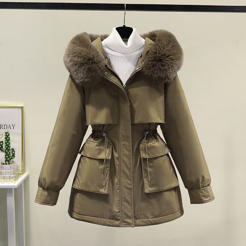 Damen Winterjacke mit Kapuze, Kunstpelzbesatz, Khaki, warm, stilvoll, Parka-Stil, große Taschen, Reißverschluss, modische Winterbekleidung.